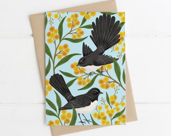 Tarjeta de felicitación, Botánico, Ilustrado, Australiano, Floral, Pájaro, Wattle, WILLY WAGTAIL