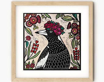 Nature Print, Australia, Bird Print, Editioned Fine Art, Linocut, Printmaking, Carving, Native, THE MAGPIE KING