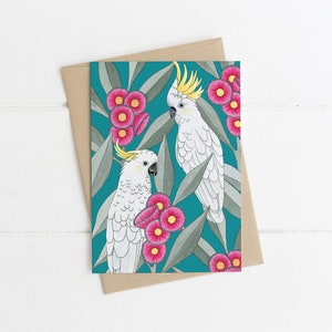 Greeting Card, Botanical, Illustrated, Australian, Floral, Bird, SILVER GUM COCKATOOS