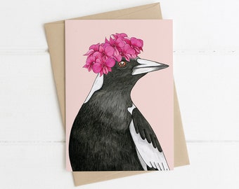 Greeting Card, Botanical, Illustrated, Australian, Floral, Bird, MR MAGPIE