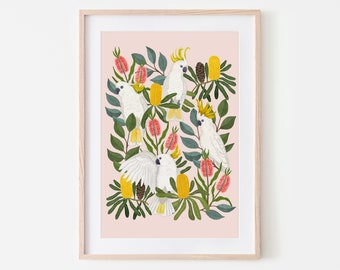 Art Print, Australian, Botanical, Native, Floral, Bird Print, Cockatoo, AUSSIE SQUAWKERS