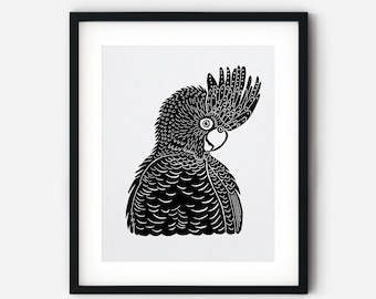 Nature Print, Australia, Bird Print, Linocut, Printmaking, Carving, Native, BLACK COCKATOO