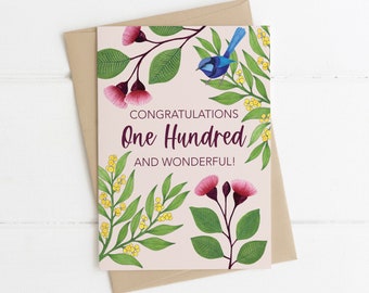 Greeting Card, Botanical, Illustrated, Australian, Floral, Milestone, Birthday, 100, ONE HUNDRED