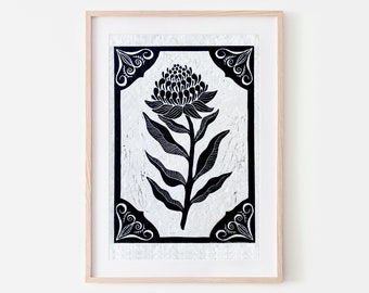 Nature Print, Flower Print, Block Print, Linocut Print, Carving, Nativo australiano, WARATAH LINOCUT PRINT