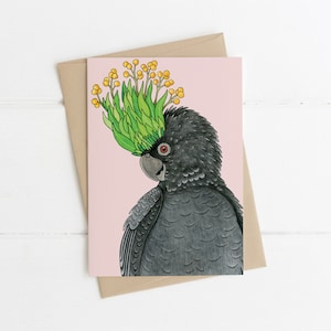 Carte de vœux, Botanique, Illustré, Australien, Floral, Oiseau, Cacatoès noir, CARONCULE COURONNÉ ARROGANT