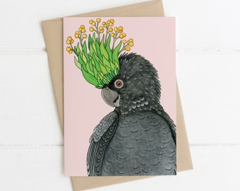 Tarjeta de felicitación, Botánico, Ilustrado, Australiano, Floral, Pájaro, Cacatúa negra, WATTLE CROWNED COCKY