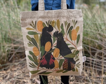 TOTE BAG | Cockatoos & Banksia | Botanical | Illustrated | Australian | Floral | Bird Art | Banksia