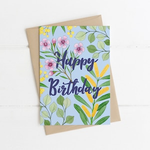 Biglietto d'auguri, botanico, illustrato, australiano, floreale, uccello, BUON COMPLEANNO