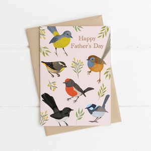 Biglietto di auguri, Botanico, Illustrato, Australiano, Floreale, Uccello, FESTA DEL PAPÀ Uccellini