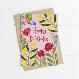 Grußkarte, Botanisch, Illustriert, Australien, Floral, Vogel, GEBURTSTAGSGARTEN