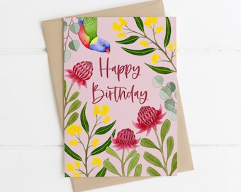 Greeting Card, Botanical, Illustrated, Australian, Floral, Bird, BIRTHDAY GARDEN