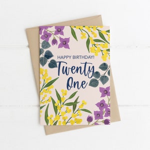 Grußkarte, Botanik, Illustriert, Australien, Floral, Meilenstein, Geburtstag, 21, TWENTY ONE