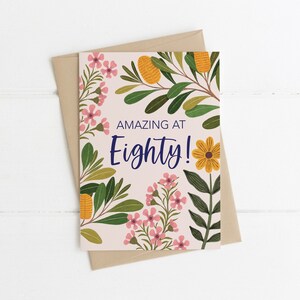 Grußkarte, botanisch, illustriert, australisch, Floral, Meilenstein, Geburtstag, 80, Achtzig