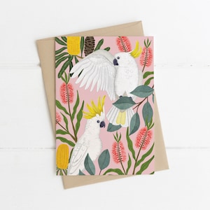 Biglietto d'auguri, botanico, illustrato, australiano, floreale, uccello, cacatua, squawkers australiani