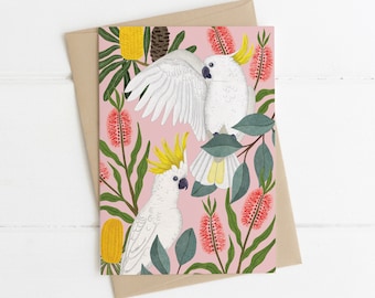 Greeting Card, Botanical, Illustrated, Australian, Floral, Bird, Cockatoo, Aussie Squawkers