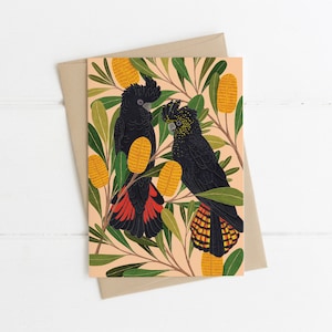 Grußkarte, botanisch, illustriert, australisch, Floral, Vogel, KOCKATOOS & Banksia