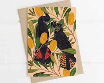 Tarjeta de felicitación, Botánico, Ilustrado, Australiano, Floral, Pájaro, CACATÚAS Y BANKSIA