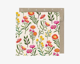 Wenskaart, mini, botanisch, geïllustreerd, Australisch, bloemen, papieren madeliefjes, mini EEUWIGE LIEFDE