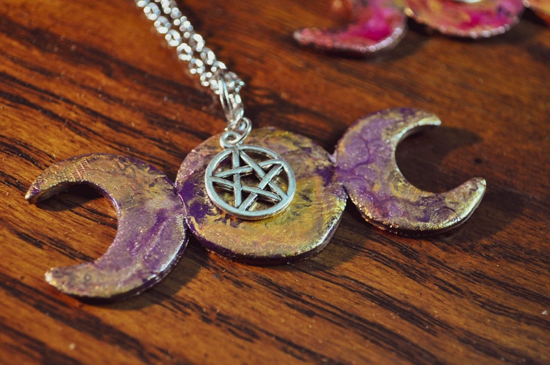 Triple moon necklace with pentagram charm