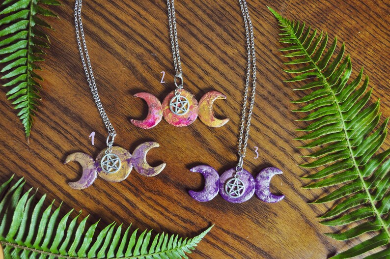 Triple moon necklace with pentagram charm