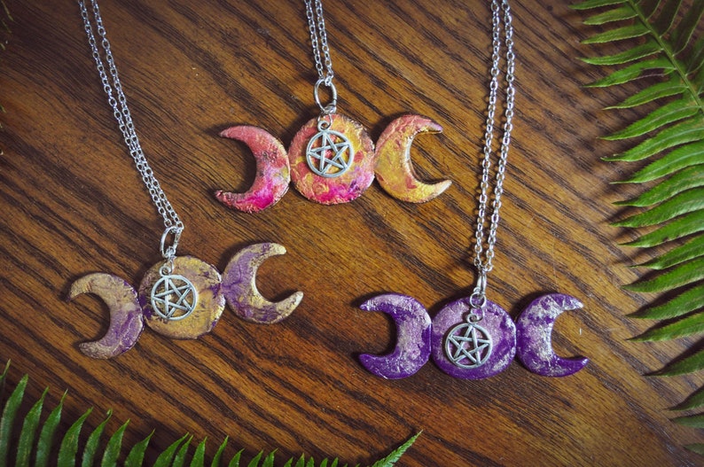 Triple moon necklace with pentagram charm