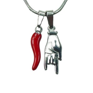 Small Red Cornicello and Mano Cornuto Necklace, Italian Lucky Hand and Horn, Waterproof Stainless, Good Luck Amulet Protection Charms
