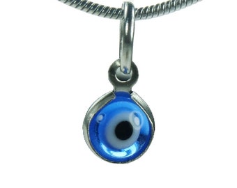Tiny Evil Eye Necklace or Earrings, (6mm/.25", 1/4") Anti Evil Nazar, Clear Blue Eye Charm with Choice of Chain Style, Malocchio protection