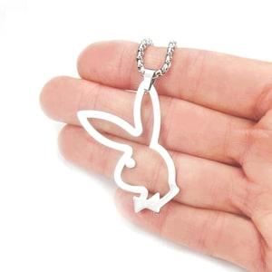 Large Playboy Bunny Necklace, with any size Box Chain, Shiny Silver Pure 304 Stainless No Tarnish Bad Bunny Pendant and Playboy Chain nb