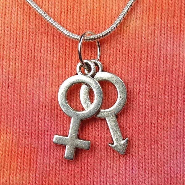 Male and Female Double Charm Necklace, pick 16-50" long chain, Venus and Mars Symbol Man and Woman Love Marriage Partnership heterosexual nb