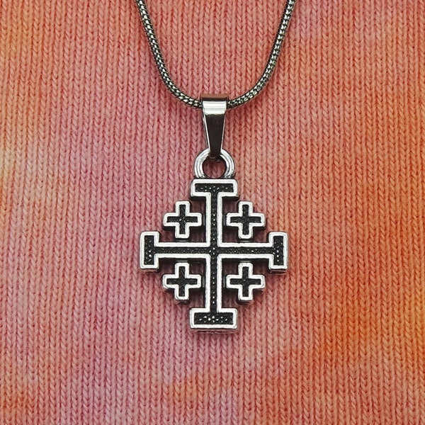 Jerusalem Cross Necklace or Earrings, Five-fold Cross and Crosslets Heraldic Christian Cross Potent Greek Cross Charm Jewelry