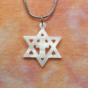 Cross in Star of David Necklace or Earrings, Jewish Christian Messianic Judaism, Freshwater Seashell and Stainless Steel Waterproof Jewelry