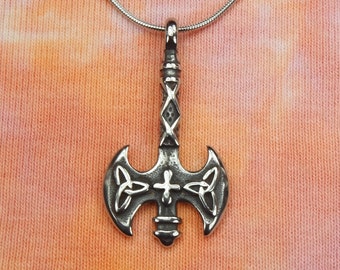 Celtic Labrys Necklace, Double Bitted Axe with Cross and Triquetra, Waterproof Stainless Steel Pendant Gift Lesbian LGBT 16"-50" Long Chain