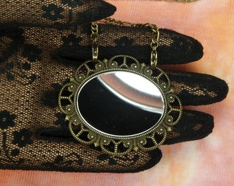 Oval Hexenspiegel Necklace or Pendant, large 1.5 inch Oval Glass Mirror and Chain in Antiqued Bronze Victorian Cosplay Steampunk Jewelry