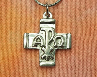 Alpha Omega Chi Rho Necklace,  Equal Armed Greek Cross Christogram Chrismon Waterproof Hypo Allergenic Stainless Steel Charm Pendant Chain