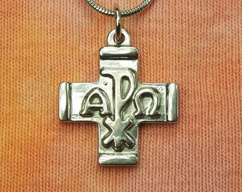 Alpha Omega Chi Rho Necklace,  Equal Armed Greek Cross Christogram Chrismon Waterproof Hypo Allergenic Stainless Steel Charm Pendant Chain