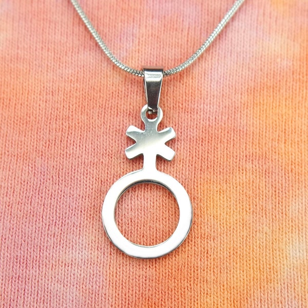 Non-Binary Necklace or Earrings, Waterproof Stainless Steel Sign Charm Pendant and Chain Genderqueer No gender Agender Symbol