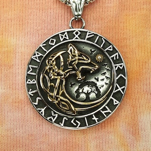 Fenrir Necklace, Norse Garmr Dire Wolf Viking Hellhound with Yggdrasil Tree, Elder Futhark Runes and Aegishjalmur Waterproof Stainless Steel