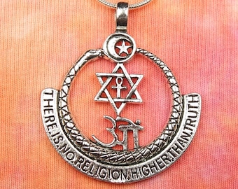 There Is No Religion Higher Than Truth Necklace, Ouroboros Crescent Moon Star David Egyptian Ankh Hindu Sanskrit Om Islam Coexist Thelema