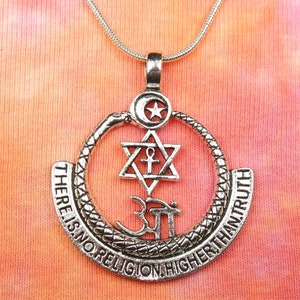 There Is No Religion Higher Than Truth Necklace, Ouroboros Crescent Moon Star David Egyptian Ankh Hindu Sanskrit Om Islam Coexist Thelema