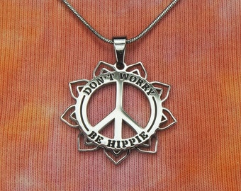 Don't Worry Be Hippie Necklace or Earrings, Waterproof Stainless Peace Flower Charm Pendant Hippy Males or Females Gift