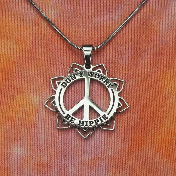 Don't Worry Be Hippie Necklace or Earrings, Waterproof Stainless Peace Flower Charm Pendant Hippy Males or Females Gift