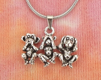 3 Three Wise Monkeys Necklace,  Proverb See No Evil, Hear No Evil, Speak No Evil, charm pendant jewelry Custom Long Chain Gift nb