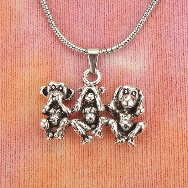 3 Three Wise Monkeys Necklace,  Proverb See No Evil, Hear No Evil, Speak No Evil, charm pendant jewelry Custom Long Chain Gift nb