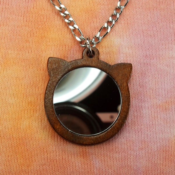 Katzenspiegel Necklace, 1" Round Witches Mirror, Wood Cat German folk Magick Wooden Witch's Magic Mirror Pendant To Reflect Negative Energy