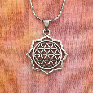 Flower of Life Necklace, Sacred Geometry Symbol Charm Pendant Custom Chain Fast Ship Small Flower of Life in 8 Petal Lotus Chakra Symbol