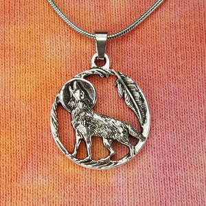 Wolf, Feather and Full Moon Necklace or Earrings, Charm Pendant Custom Chain Jewelry