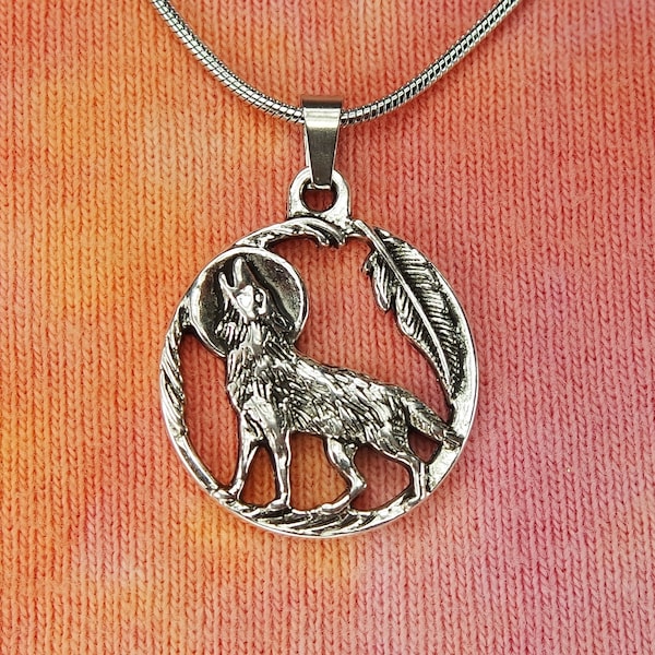 Wolf, Feather and Full Moon Necklace or Earrings, Charm Pendant Custom Chain Jewelry