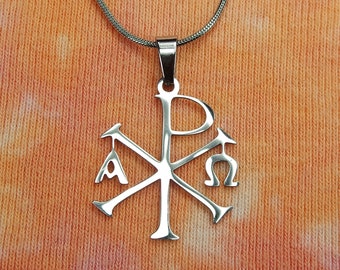 Alpha Omega Chi Rho Necklace, Christogram Chrismon Charm Pendant Waterproof Stainless Steel Christian Cross for Men or Women, fast Ship Gift