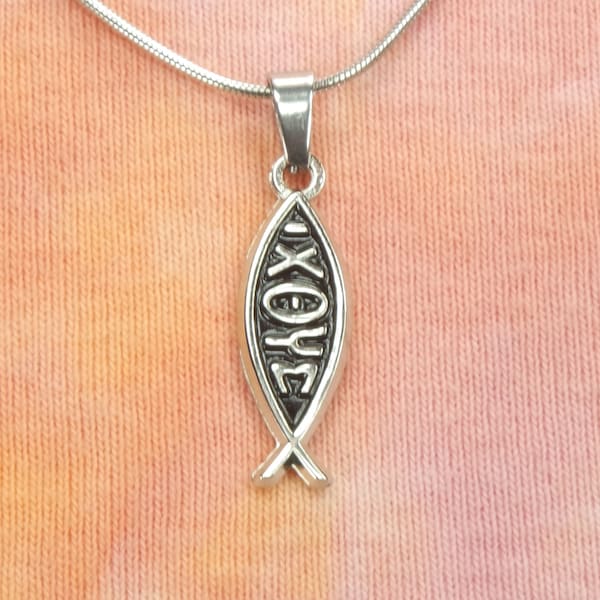 IXOYE Necklace or Earrings, Ichthus Fish charm, Jesus Christ Son of God Savior for Christian Males or Females