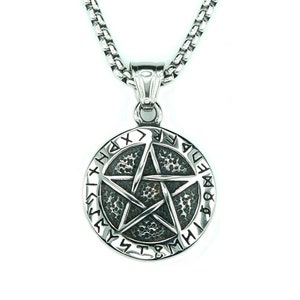 Pentacle in Circle of Runes Necklace, All 304 Stainless Steel, Pentagram Star Pagan Wiccan Viking Elder Futhark Waterproof